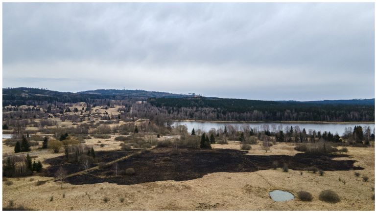 Dronový záběr na spálenou plochu na bezlesí u Dolejšího Padrťského rybníka. 